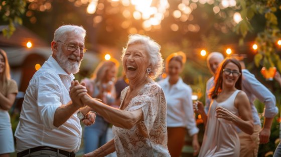 Senior couple dancing at an outdoor party
