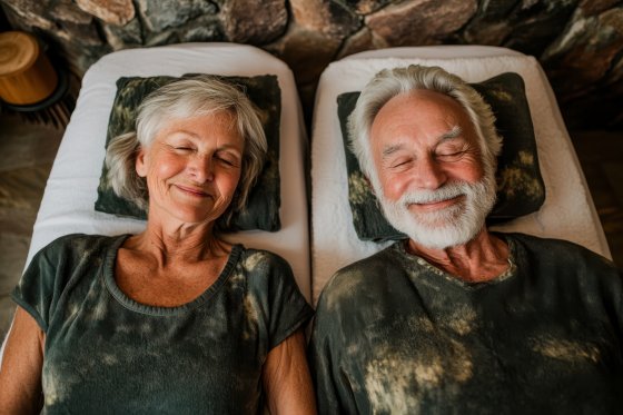 A peaceful elderly couple relax on spa beds with serene smiles, showcasing relaxation, wellness, and romantic connection in a cozy, luxurious spa environment.